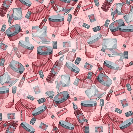 52465 Royalty Free RF Clipart Illustration Of A Pink And Red Background Of Beauty Products Nail Polish Bags Lotions Sprays And Makeup