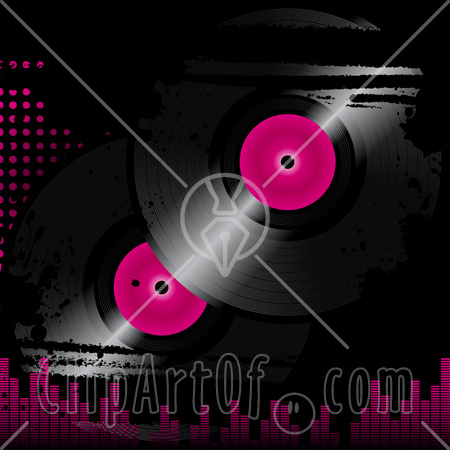 32018 Clipart Illustration Of Two Pink And Black Vinyl Records On A Grunge Black Background With Pink Dots And Equalizer Bars